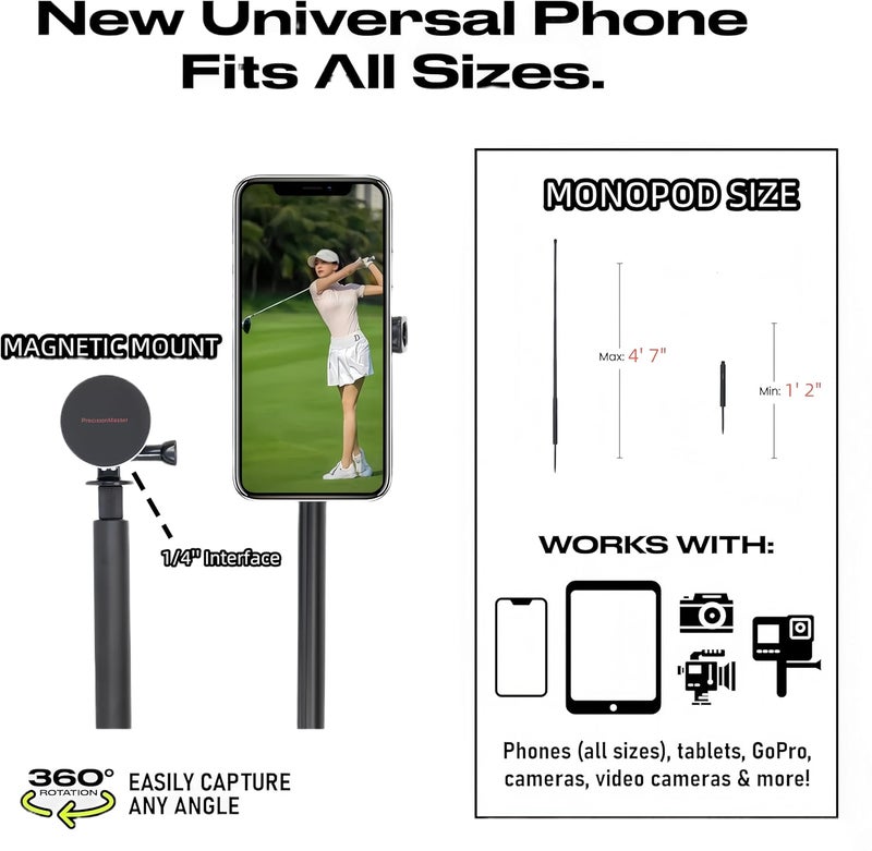 PrecisionMaster Golf Monopod Stick, Record Golf Swing with Magnetic Phone Holder, Adjustable Tripod with Spike Stake Golf Accessories Golf Swing Training, Compatible with Gopro Insta, Golf Train Aids - Image 2